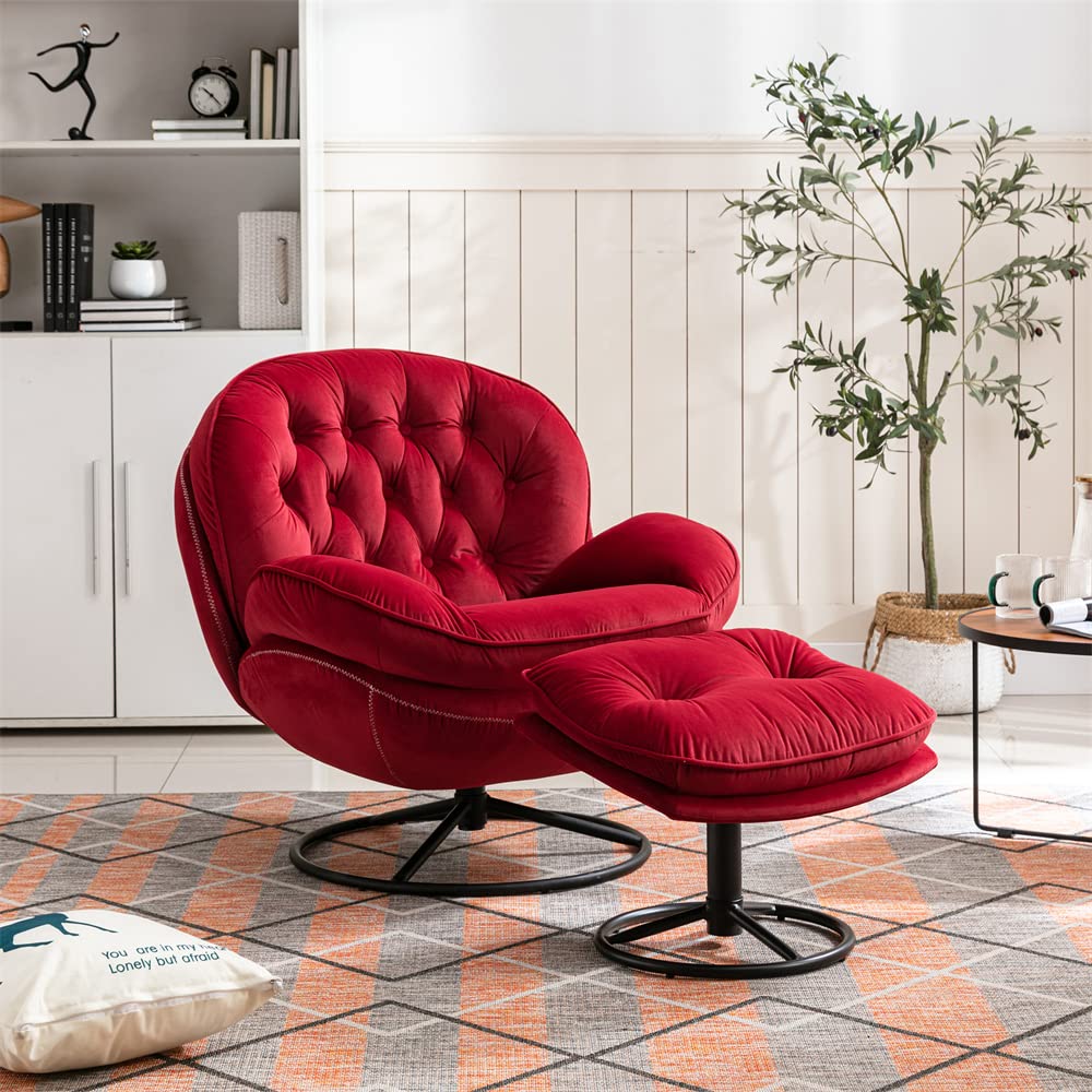 Modern Red Velvet Swivel Chair with Ottoman for Living Room