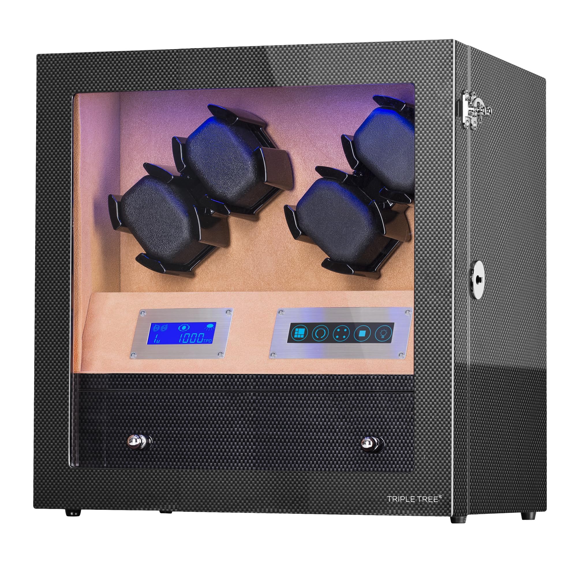 Triple Tree Quiet Japanese Motor Watch Winder with Blue Illumination & Storagedrawer