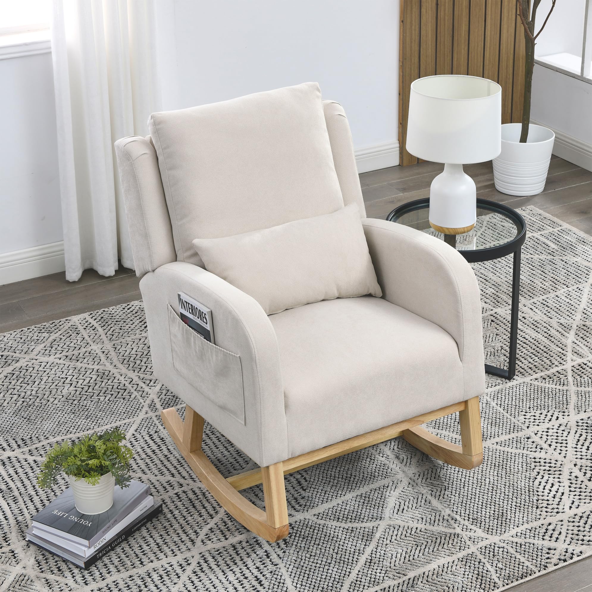 Beige Modern Rocking Chair with Lumbar Support and Pockets